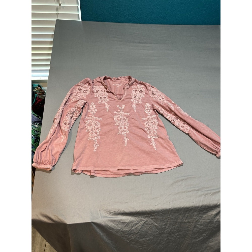 Soft Surrounfings Blouse Pink Embroidery‎ Puff Sleeve Hippie Cotton XS